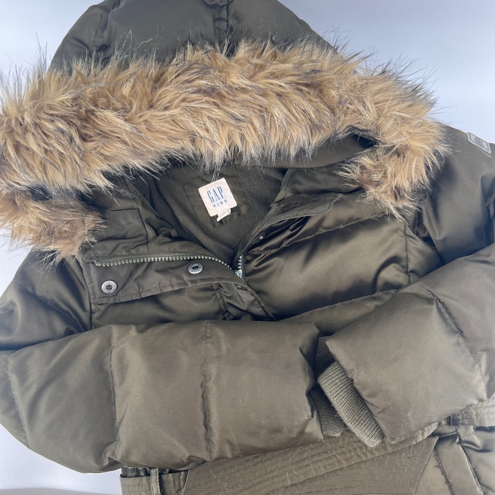 Gap Kids M 8-9 Puffer Coat Olive Green Down Feather Faux Fur Hood Belted Parka